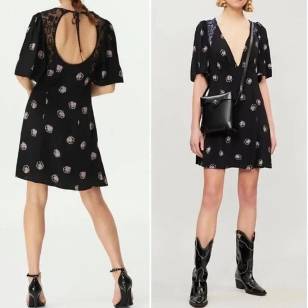 Free People Clove Mockingbird Mini Dress Black Combo Size 12 Like New - Picture 11 of 11